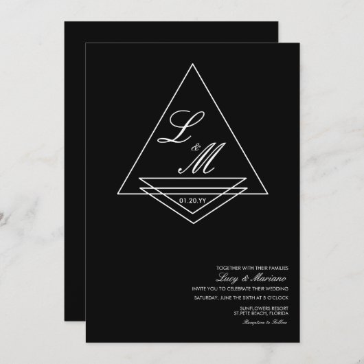 Invitation Monogramme élégant Script Art Déco Mariage noir (Devant / Derrière)