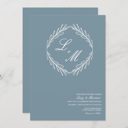 Invitation Monogramme élégant Script Branche Mariage Logo Inv (Devant / Derrière)