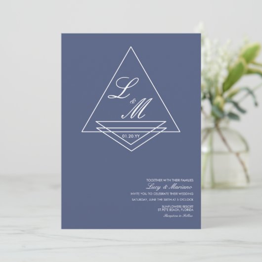 Invitation Monogramme Élégant Script Mariage bleu (Debout devant)