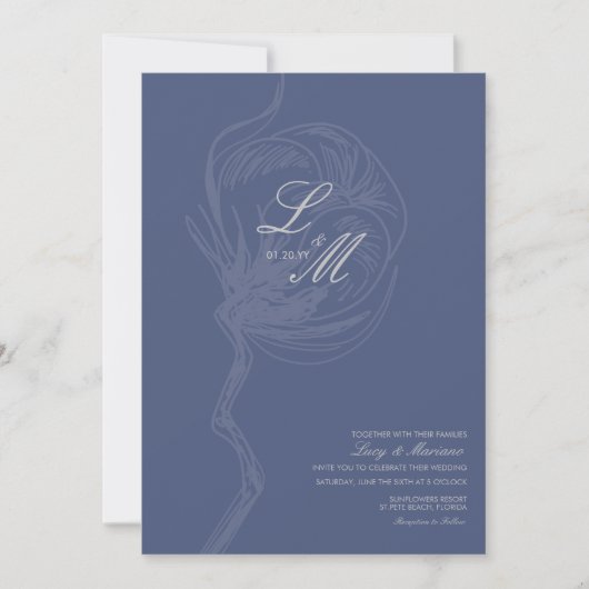 Invitation Monogramme Élégant Script Mariage Fleur de coton (Devant)