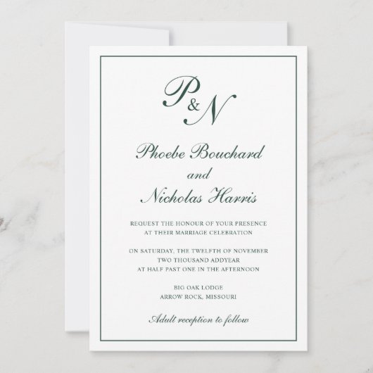 Invitation Monogramme Élégante Forêt Vert Tout en un Mariage (Devant)