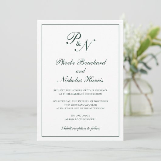 Invitation Monogramme Élégante Forêt Vert Tout en un Mariage (Debout devant)