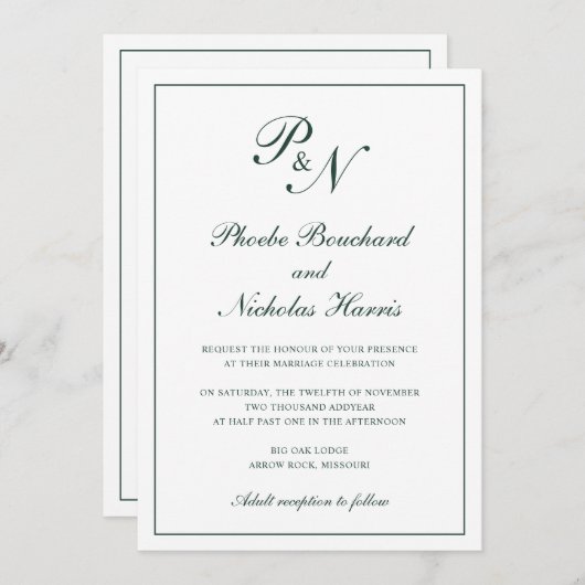 Invitation Monogramme Élégante Forêt Vert Tout en un Mariage (Devant / Derrière)