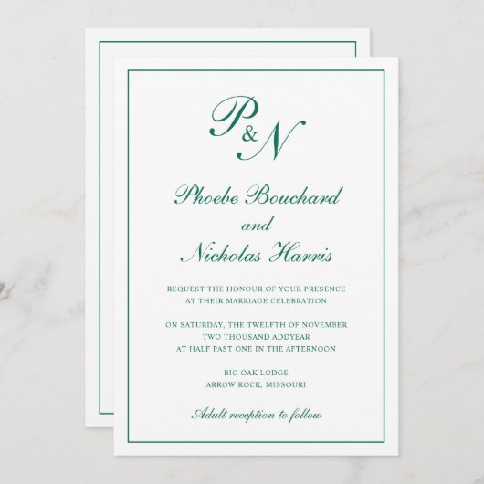 Invitation Monogramme Emerald Green Formal Mariage élégant (Devant / Derrière)