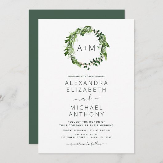 Invitation Monogramme Emerald Green Green Mariage (Devant / Derrière)