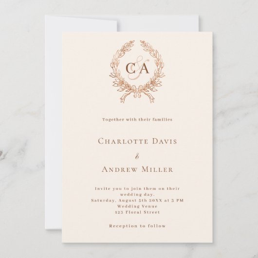 Invitation Monogramme en crête beige QR code RSVP mariage (Devant)