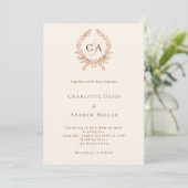 Invitation Monogramme en crête beige QR code RSVP mariage (Debout devant)