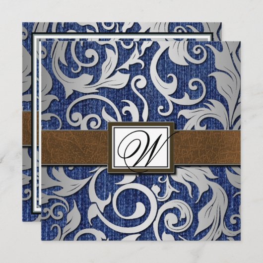 Invitation Monogramme en cuir Denim Occasions de mariage (Devant / Derrière)