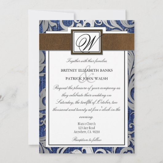 Invitation Monogramme en cuir Denim Occasions de mariage (Dos)