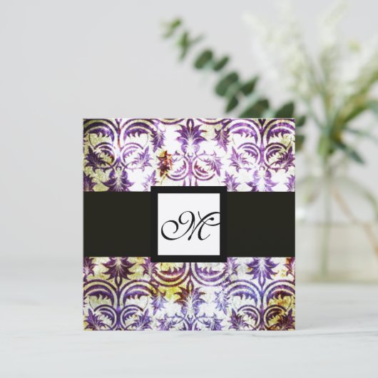 Invitation MONOGRAMME EN DAMAS ANCIEN, noir blanc violet, or (Debout devant)