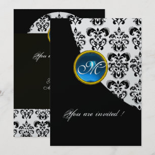 Invitation MONOGRAMME EN DAMAS NOIR ET ARGENTÉ, saphir bleu