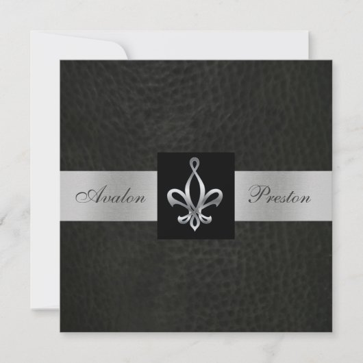 Invitation Monogramme en Faux Cuir Noir Fleur De L (Devant)