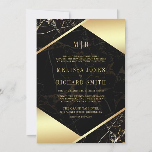 Invitation Monogramme en marbre noir tout en un Mariage (Devant)