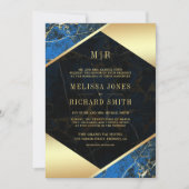 Invitation Monogramme en marbre royal bleu or tout en un Mari (Devant)