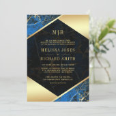Invitation Monogramme en marbre royal bleu or tout en un Mari (Debout devant)