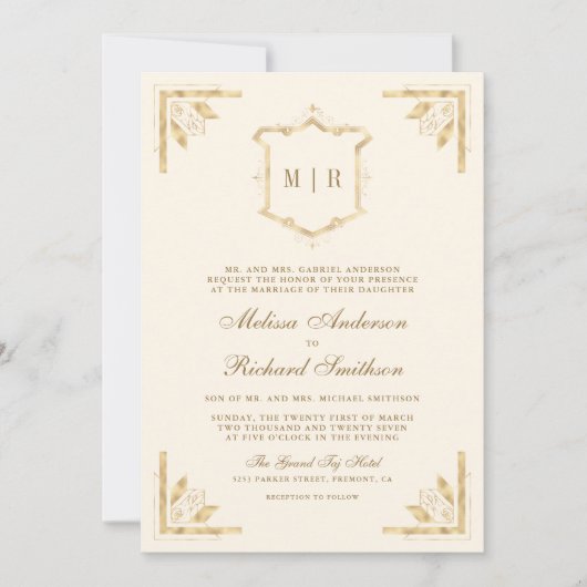 Invitation Monogramme en or Crest QR Code Cream Mariage (Devant)