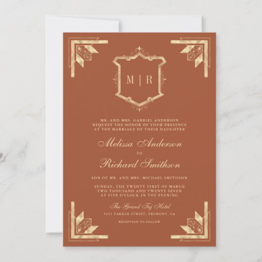 Invitation Monogramme en or Crest QR Code Mariage en terre cu (Devant)