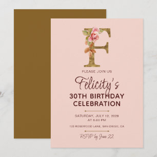 Invitation Monogramme en or lettre F Roses rose pâle