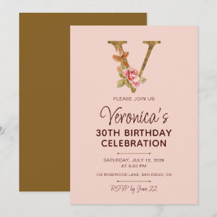 Invitation Monogramme en or lettre V Roses rose pâle