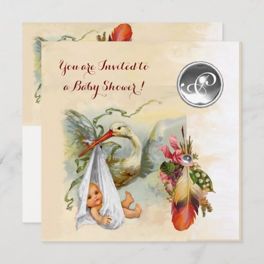 INVITATION MONOGRAMME EN PIERRE BLANCHE DU BABY SHOWER NEUTRE (Devant / Derrière)