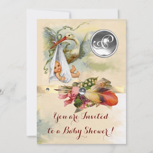 INVITATION MONOGRAMME EN PIERRE BLANCHE DU BABY SHOWER NEUTRE (Devant)