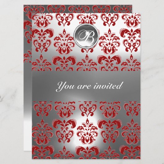 INVITATION MONOGRAMME EN PIERRE DE GEM DE DAMASK ROUGE ET BLA (Devant / Derrière)