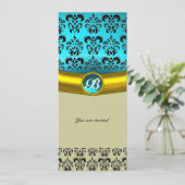 Invitation MONOGRAMME EN PIERRE GEMME DAMASK , turquoise bleu (Debout devant)