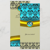 Invitation MONOGRAMME EN PIERRE GEMME DAMASK , turquoise bleu (Devant / Derrière)