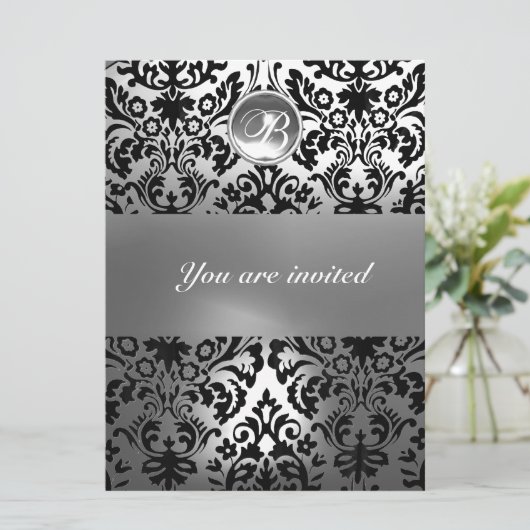 INVITATION MONOGRAMME EN PIERRE GEMME DAMASSÉE NOIR ET BLANC (Debout devant)