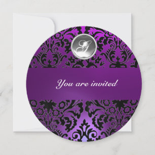 INVITATION MONOGRAMME EN PIERRE GEMME DAMASSÉE NOIRE ET VIOLE