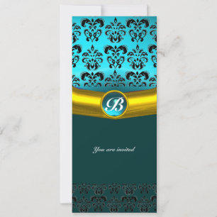 Invitation MONOGRAMME EN PIERRE GEMME DE DAMAS , turquoise bl