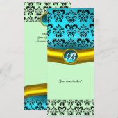 Invitation MONOGRAMME EN PIERRE GEMME DE DAMAS, turquoise ble (Devant / Derrière)