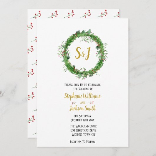 Invitation Monogramme et couronne | Mariage de verdure d'hive (Devant / Derrière)