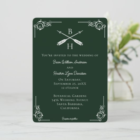 Invitation Monogramme et Mariage des flèches Emerald Green (Debout devant)