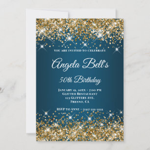 Invitation Monogramme Fantaisie Dégradé Bleu Océan Paillettes