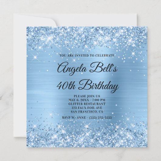 Invitation Monogramme fantaisie pailleté bleu clair brillant (Devant)