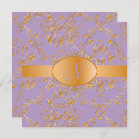 Invitation Monogramme faux damassé or/lavande (Devant / Derrière)