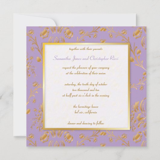 Invitation Monogramme faux damassé or/lavande (Dos)