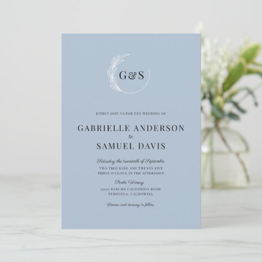 Invitation Monogramme feuille couronne Mariage bleu foncé min (Debout devant)