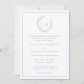 Invitation Monogramme feuille Crest Dusty bleu QR Code Mariag (Devant)