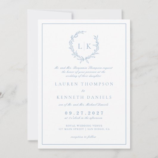 Invitation Monogramme feuille Crest Dusty bleu QR Code Mariag (Devant)