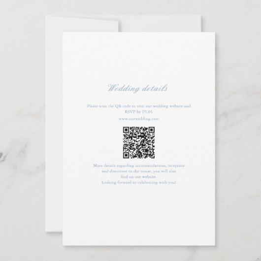 Invitation Monogramme feuille Crest Dusty bleu QR Code Mariag (Dos)