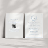 Invitation Monogramme feuille Crest Dusty bleu QR Code Mariag