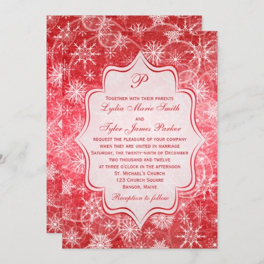 Invitation Monogramme Flammes de neige rouges et blanches Mar (Devant / Derrière)