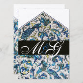 INVITATION MONOGRAMME FLEUR BLEU OR ÉLÉGANT À LA FLORENTINE (Devant / Derrière)