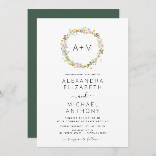 Invitation Monogramme Fleurs sauvages Emerald Mariage (Devant / Derrière)