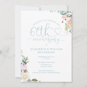 Invitation Monogramme floral à script de cœur pour le 60e ann
