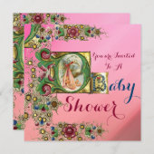 INVITATION MONOGRAMME FLORAL BABY SHOWER DE FILLE ROSE EN STO (Devant / Derrière)