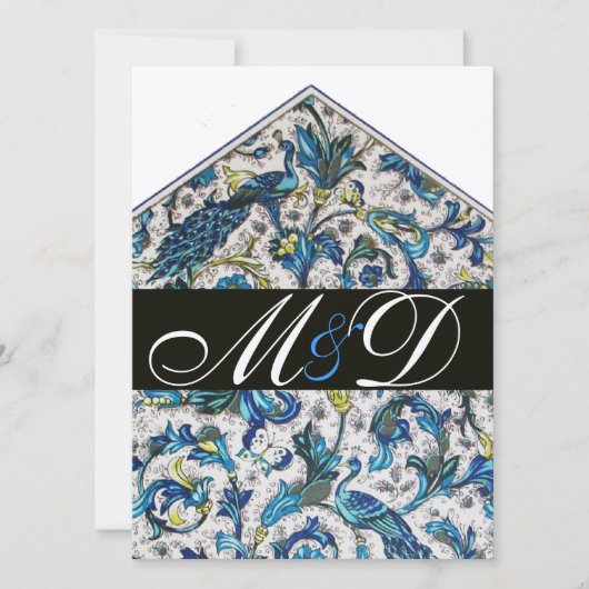 INVITATION MONOGRAMME FLORAL BLEU FLORENTINE ANTIQUE ÉLÉGANT (Devant)