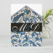 INVITATION MONOGRAMME FLORAL BLEU FLORENTINE ANTIQUE ÉLÉGANT (Debout devant)